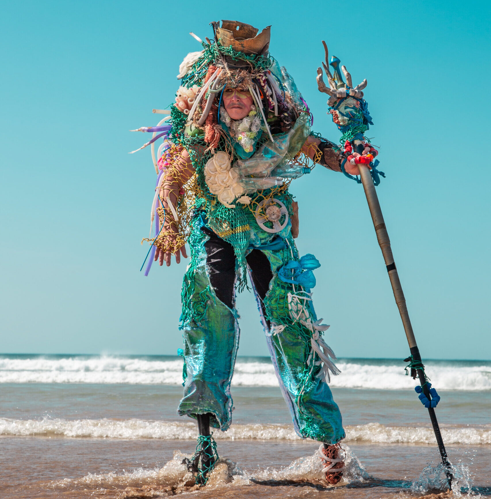 Detritus of the Deep on a beach, carrying a walking stick